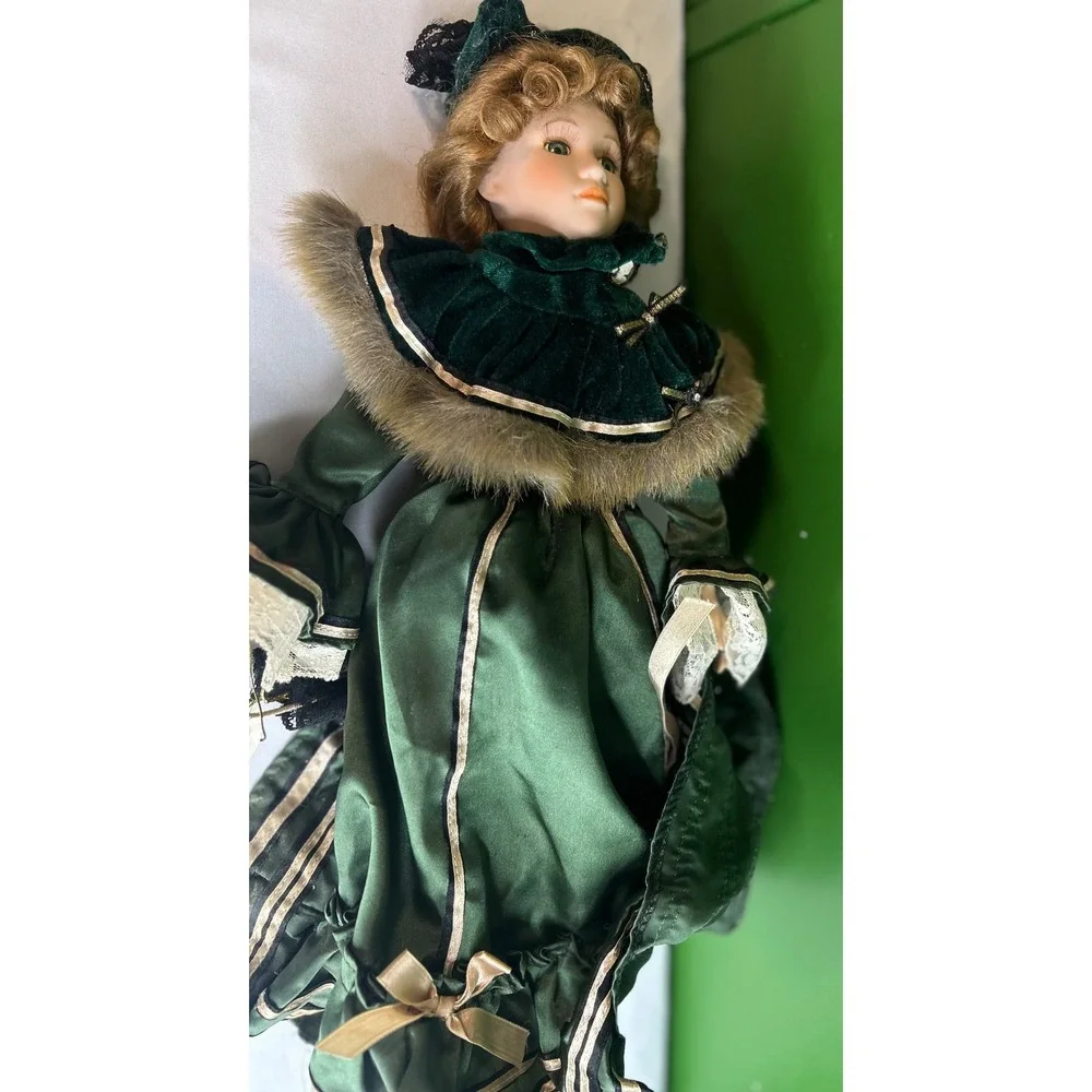 Marie Porcelain of the Past Collection Consoled Doll Green Victorian Dress 16in